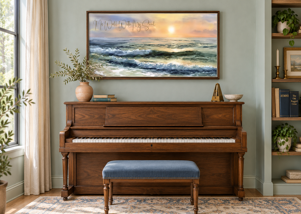 It Is Well With My Soul wall art featuring a peaceful ocean seascape above a wooden piano.