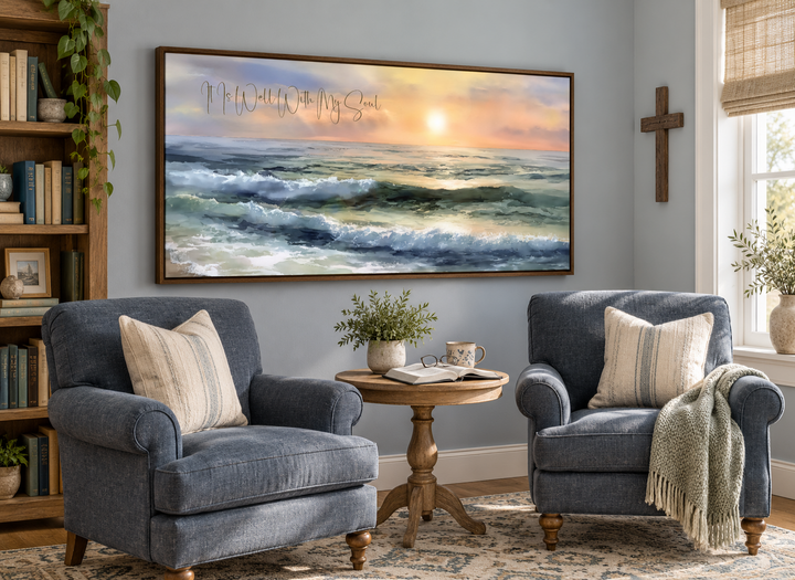 It Is Well With My Soul wall art featuring a peaceful ocean seascape at sunset in a walnut frame.
