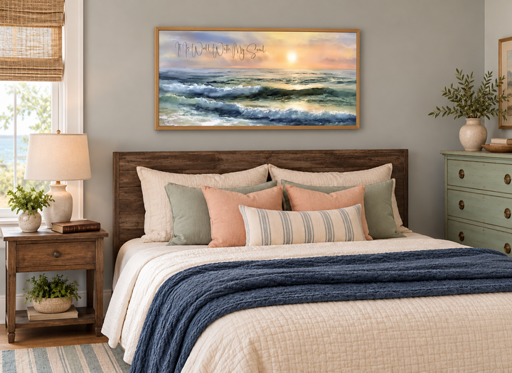 It Is Well With My Soul wall art featuring a peaceful ocean seascape above a farmhouse style bed.