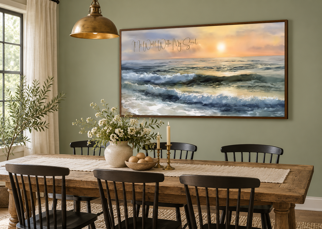 It Is Well With My Soul wall art featuring a peaceful ocean seascape in a dining room setting.