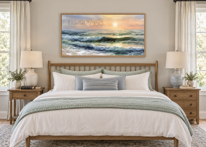 It Is Well With My Soul wall art featuring a peaceful ocean seascape above a farmhouse bed.