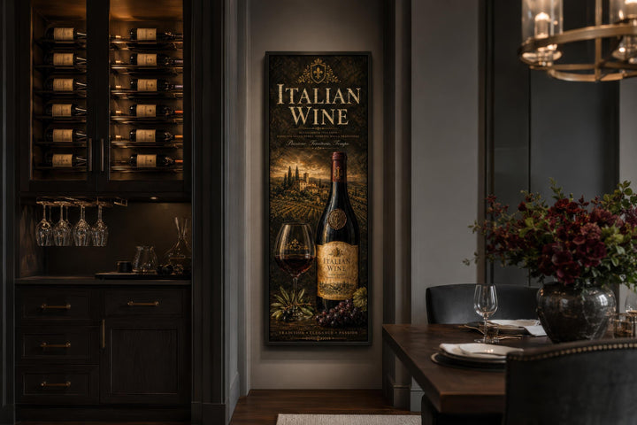 Vertical Italian wine wall art featuring a Tuscan vineyard scene in a dark, elegant dining room.
