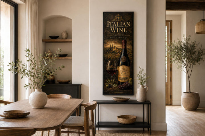 Vertical Italian Wine wall art featuring a Tuscan vineyard scene on a tall narrow canvas print.