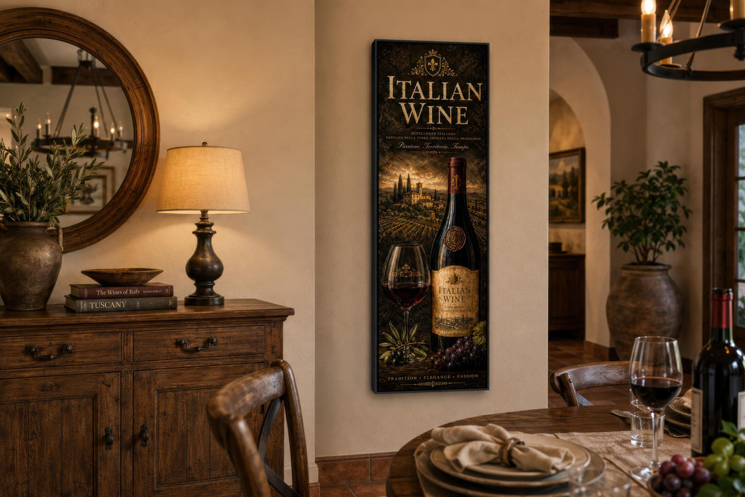 Vertical Italian Wine wall art featuring a Tuscan vineyard scene on a tall narrow canvas print.