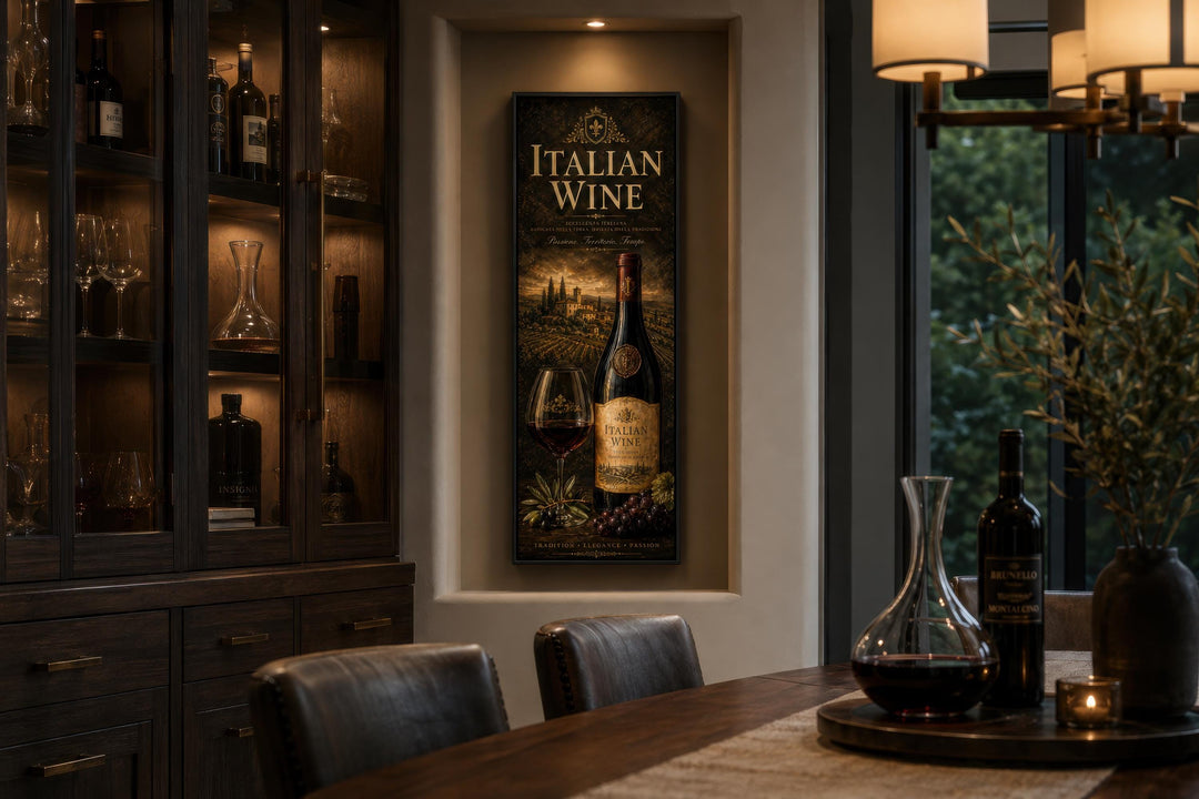Vertical Italian Wine wall art featuring a Tuscan vineyard scene on a tall narrow canvas print.