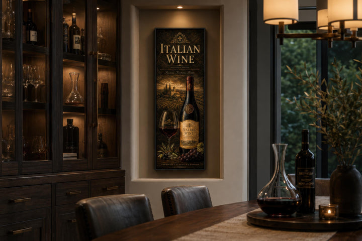 Vertical Italian Wine wall art featuring a Tuscan vineyard scene on a tall narrow canvas print.