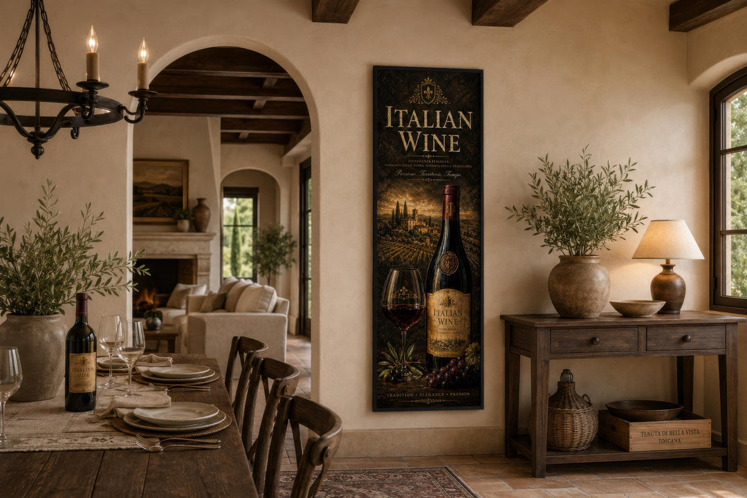 Vertical Italian Wine wall art featuring a vintage-style bottle and glass in a Tuscan dining room.