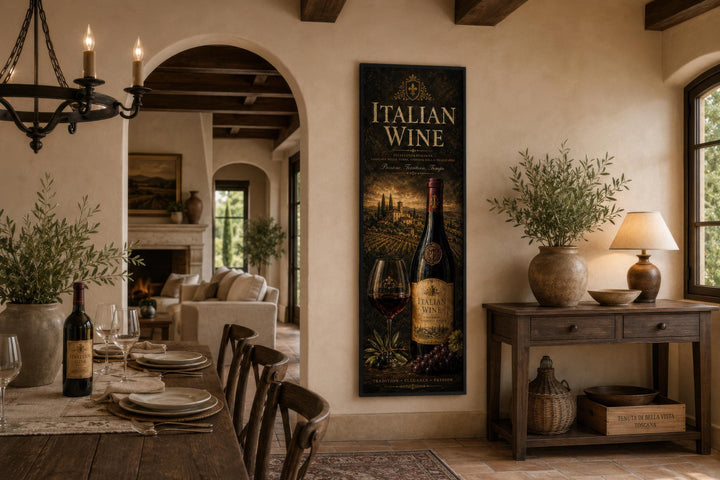 Vertical Italian Wine wall art featuring a vintage-style bottle and glass in a Tuscan dining room.