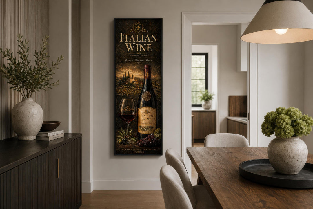 Vertical Italian Wine wall art featuring a Tuscan vineyard scene in a tall, narrow black frame.