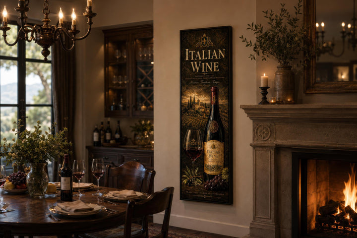 Vertical Italian Wine canvas print featuring a bottle and vineyard scene in a rustic dining room.