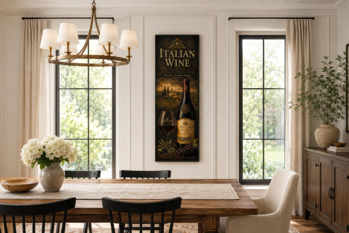 Vertical Italian Wine wall art featuring a Tuscan vineyard scene on a tall narrow canvas print.