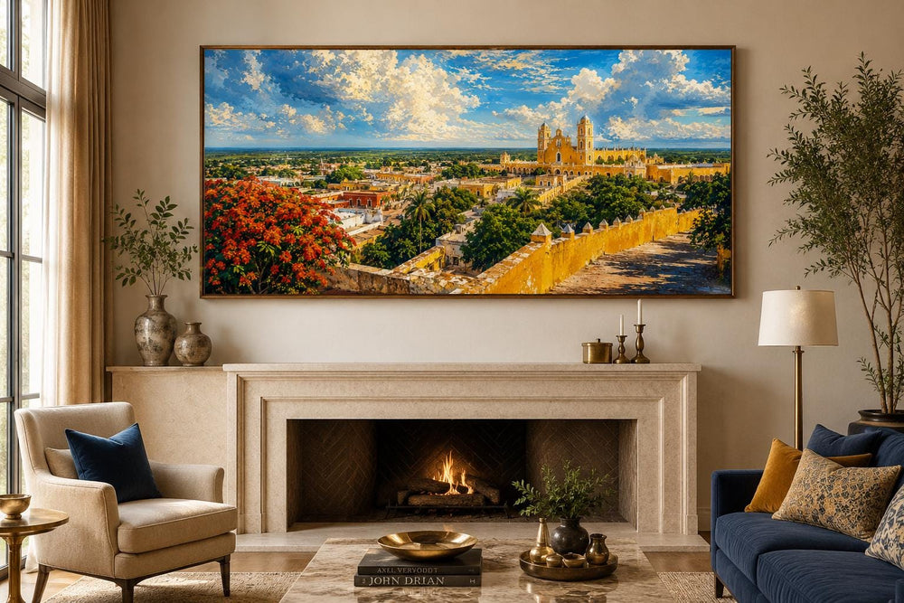Izamal Cityscape canvas wall art featuring yellow colonial buildings above a modern fireplace.