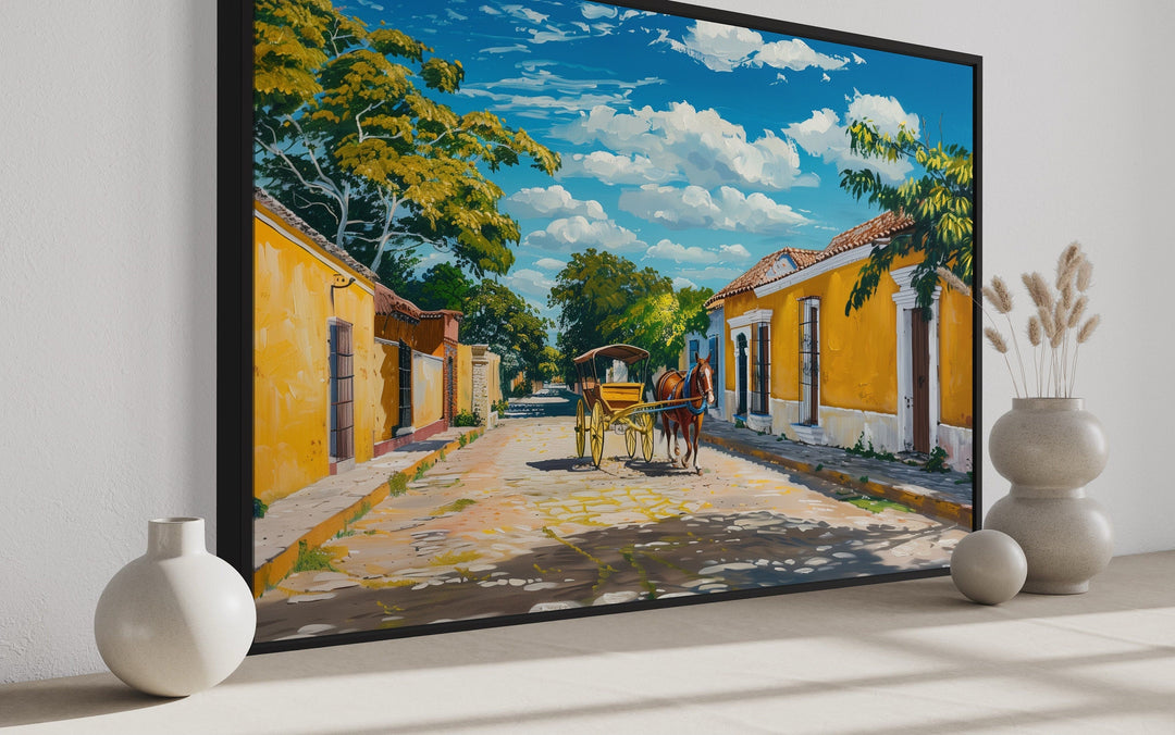 Izamal Painting With Horse Carriage Mexican Framed Canvas Wall Art