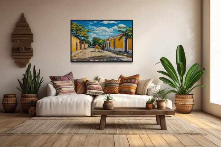 Izamal Painting With Horse Carriage Mexican Framed Canvas Wall Art