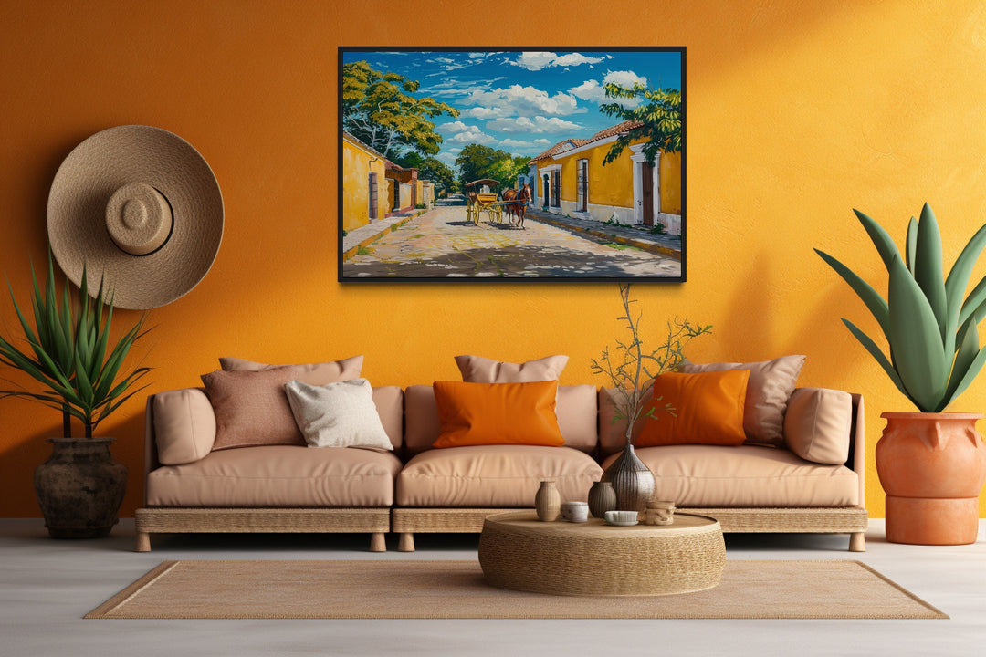 Izamal Painting With Horse Carriage Mexican Framed Canvas Wall Art