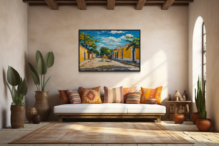 Izamal Painting With Horse Carriage Mexican Framed Canvas Wall Art