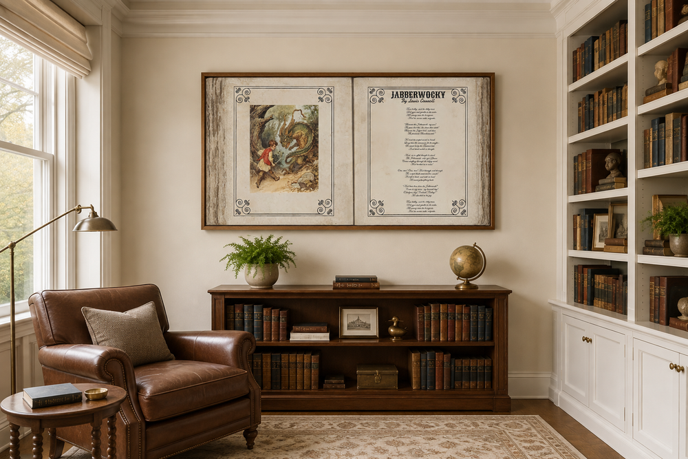 Vintage Jabberwocky poem canvas wall art with Lewis Carroll's text and illustration in a library.