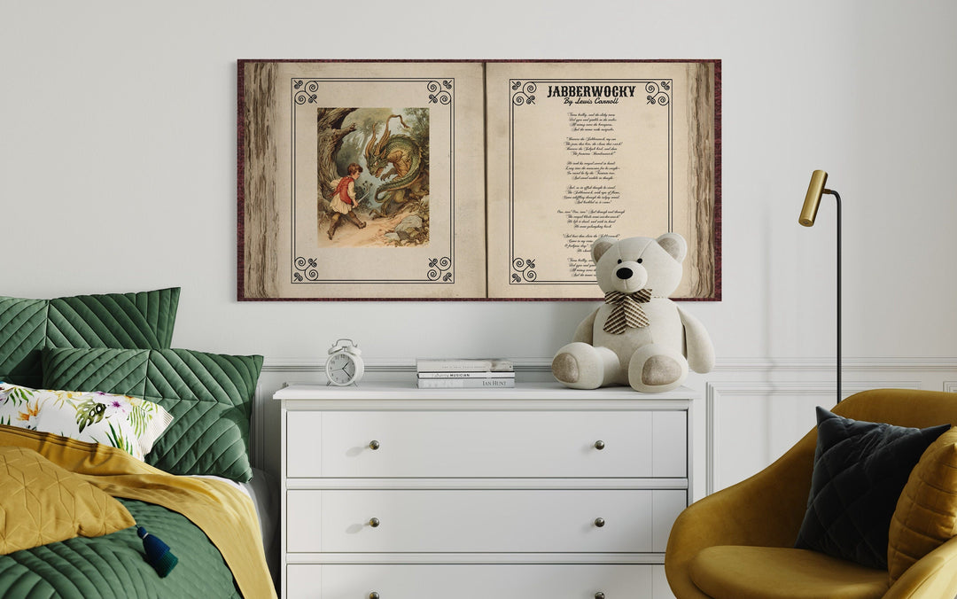Jabberwocky Poem Wall Art – Vintage Poem Print Canvas for Victorian Library Decor