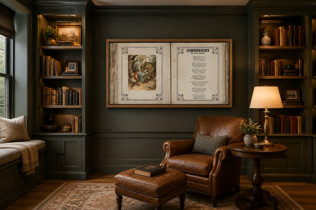 Jabberwocky poem wall art canvas with vintage illustration in a dark green Victorian library.