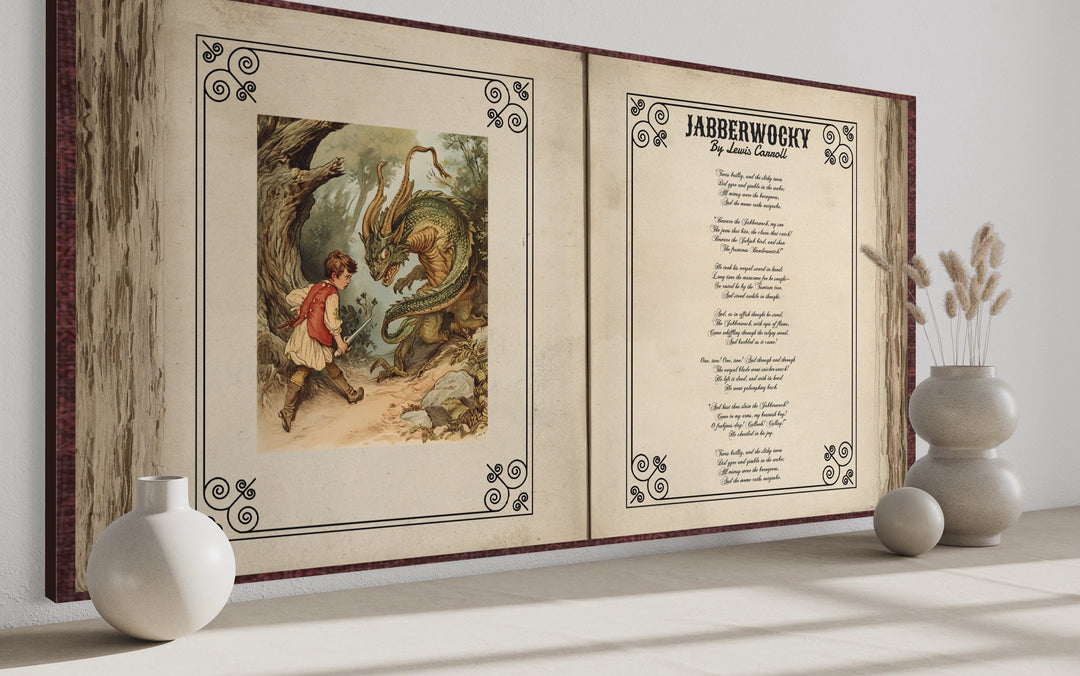 Jabberwocky Poem Wall Art – Vintage Poem Print Canvas for Victorian Library Decor