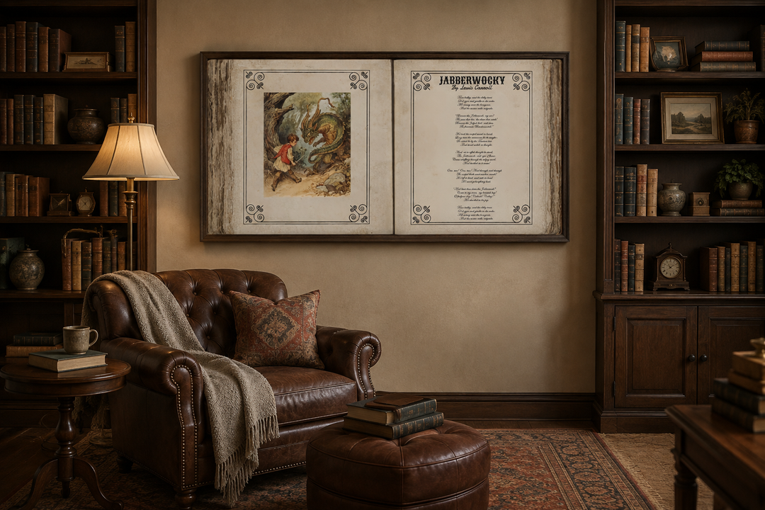 Jabberwocky poem wall art canvas featuring a vintage illustration and text in a library setting.