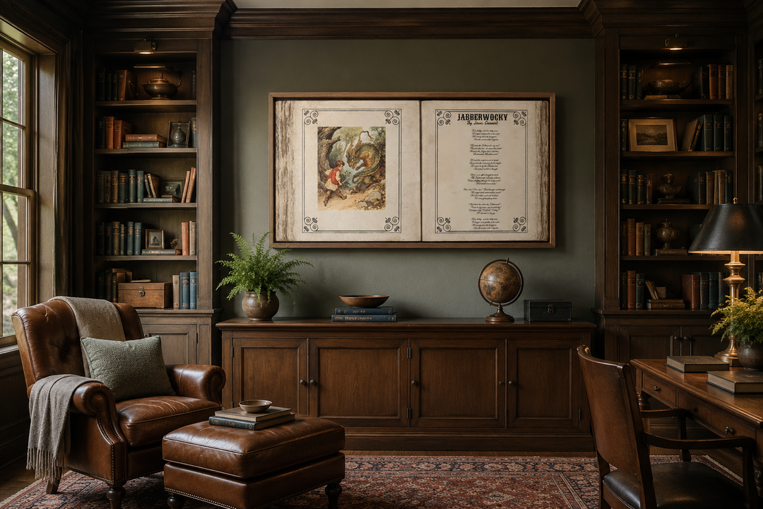 Vintage Jabberwocky poem canvas wall art with illustration in a dark wood library setting.