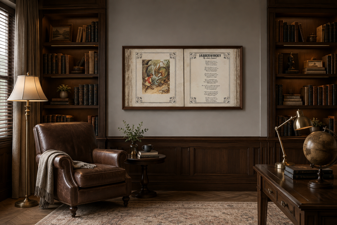 Framed Jabberwocky poem wall art with vintage illustration in a Victorian-style library setting.