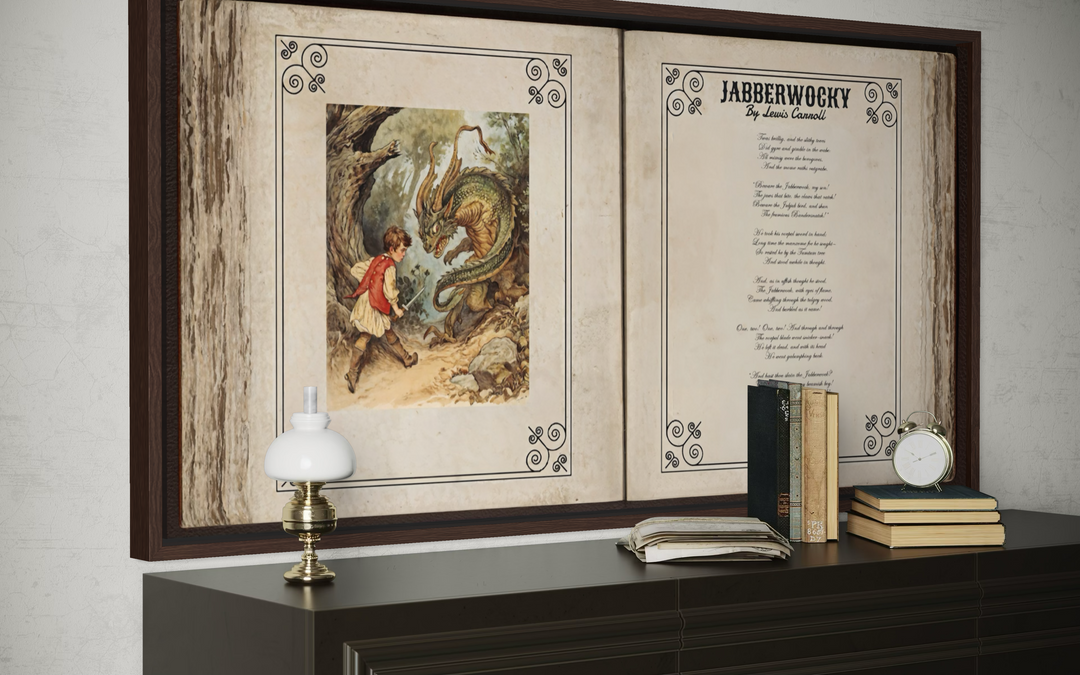 Jabberwocky poem wall art canvas featuring vintage illustrations and text on a dark wood dresser.