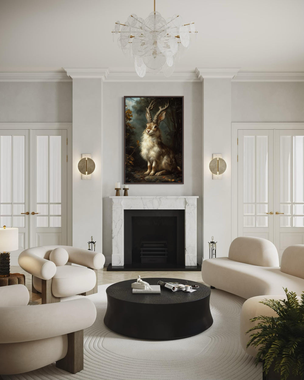 A framed canvas portrait of a majestic jackalope centered above a marble fireplace in a modern room.