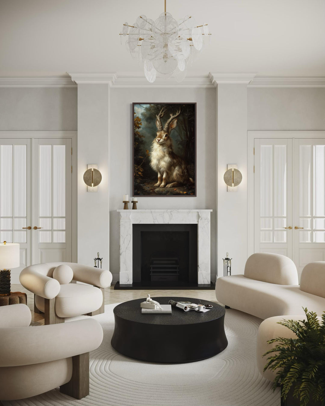 A framed canvas portrait of a majestic jackalope centered above a marble fireplace in a modern room.