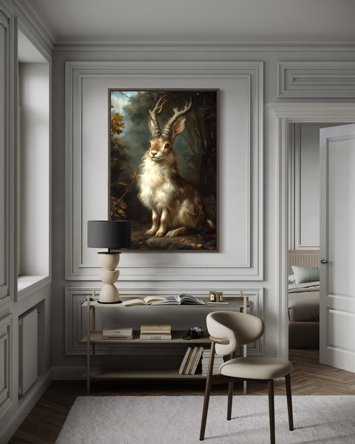 Jackalope in dark moody forest canvas wall art displayed in a modern, neutral-toned room.