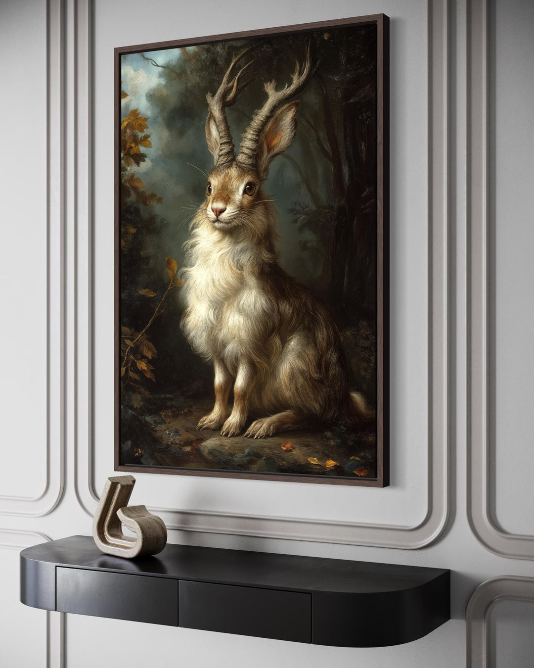 Framed canvas wall art of a majestic jackalope portrait in a dark, moody forest setting.