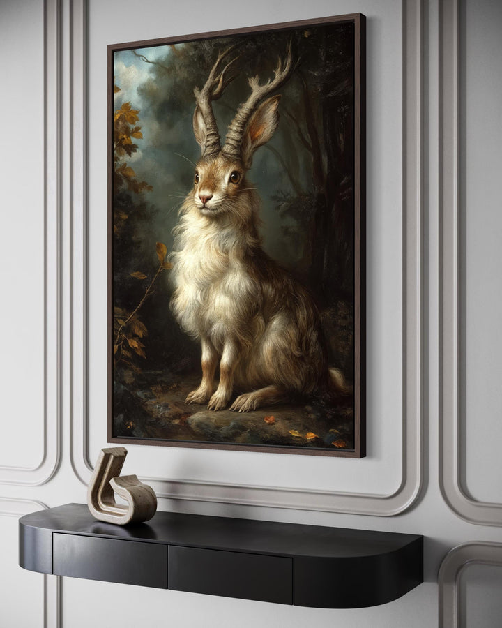 Framed canvas wall art of a majestic jackalope portrait in a dark, moody forest setting.