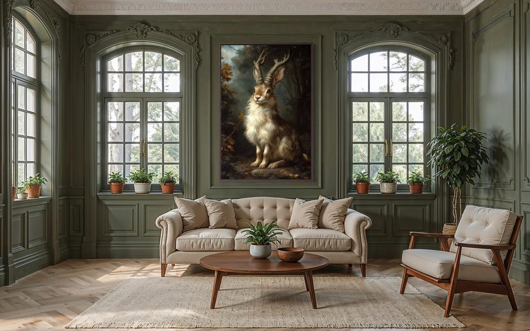 A majestic jackalope portrait on canvas in a dark, moody forest style for cabin or lodge decor.