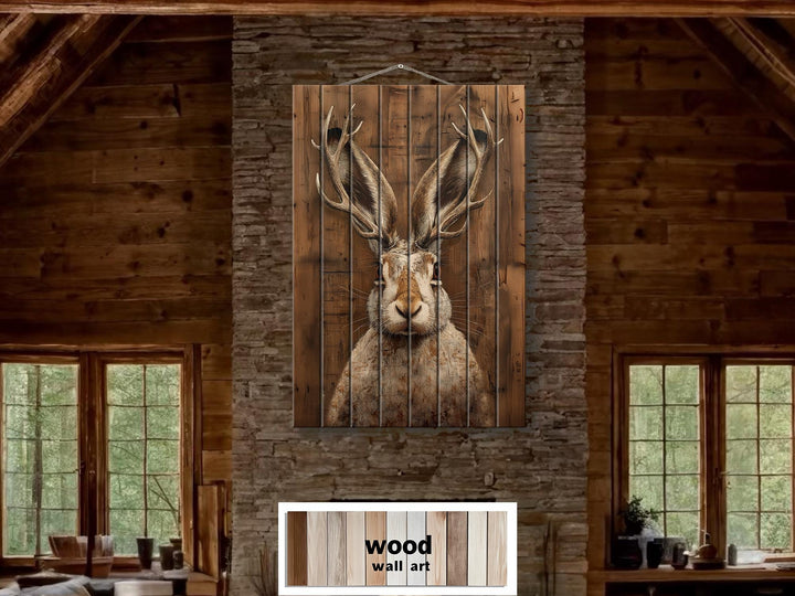 Vertical wood wall art featuring a realistic jackalope portrait on rustic wooden planks.