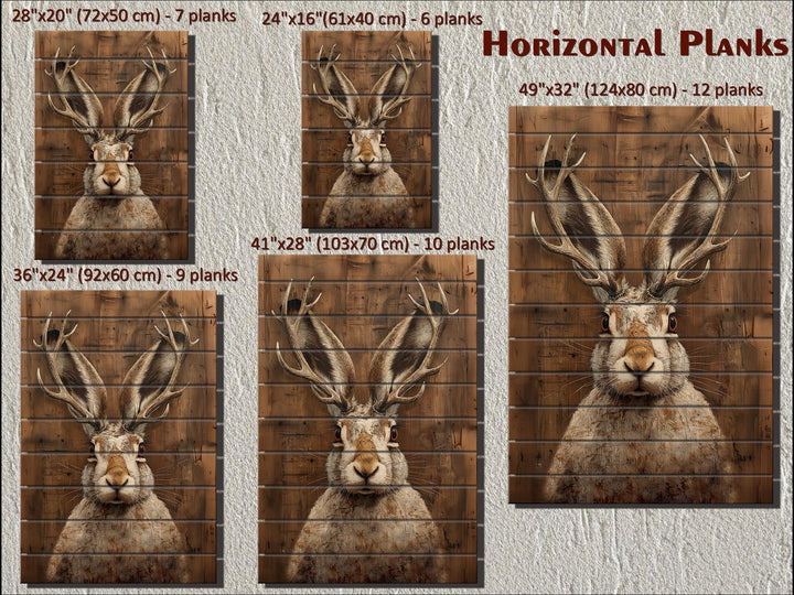 Rustic jackalope portrait printed on horizontal wood planks in various sizes for cabin decor.