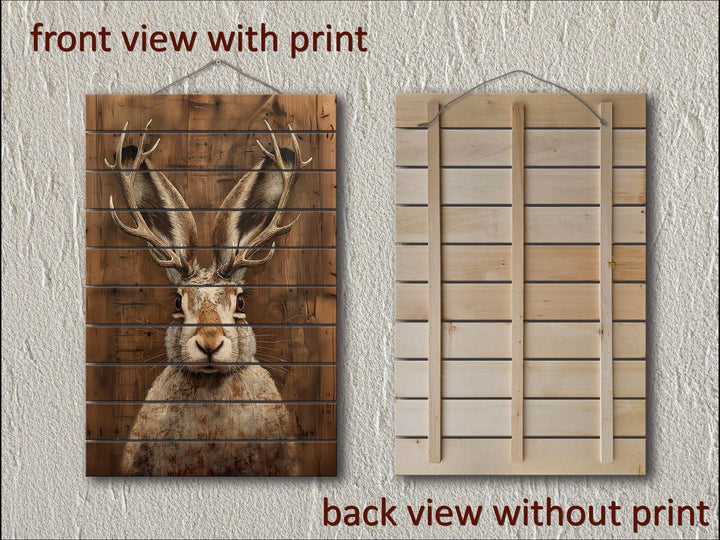 Vertical wood wall art featuring a jackalope portrait on rustic planks with a back view.