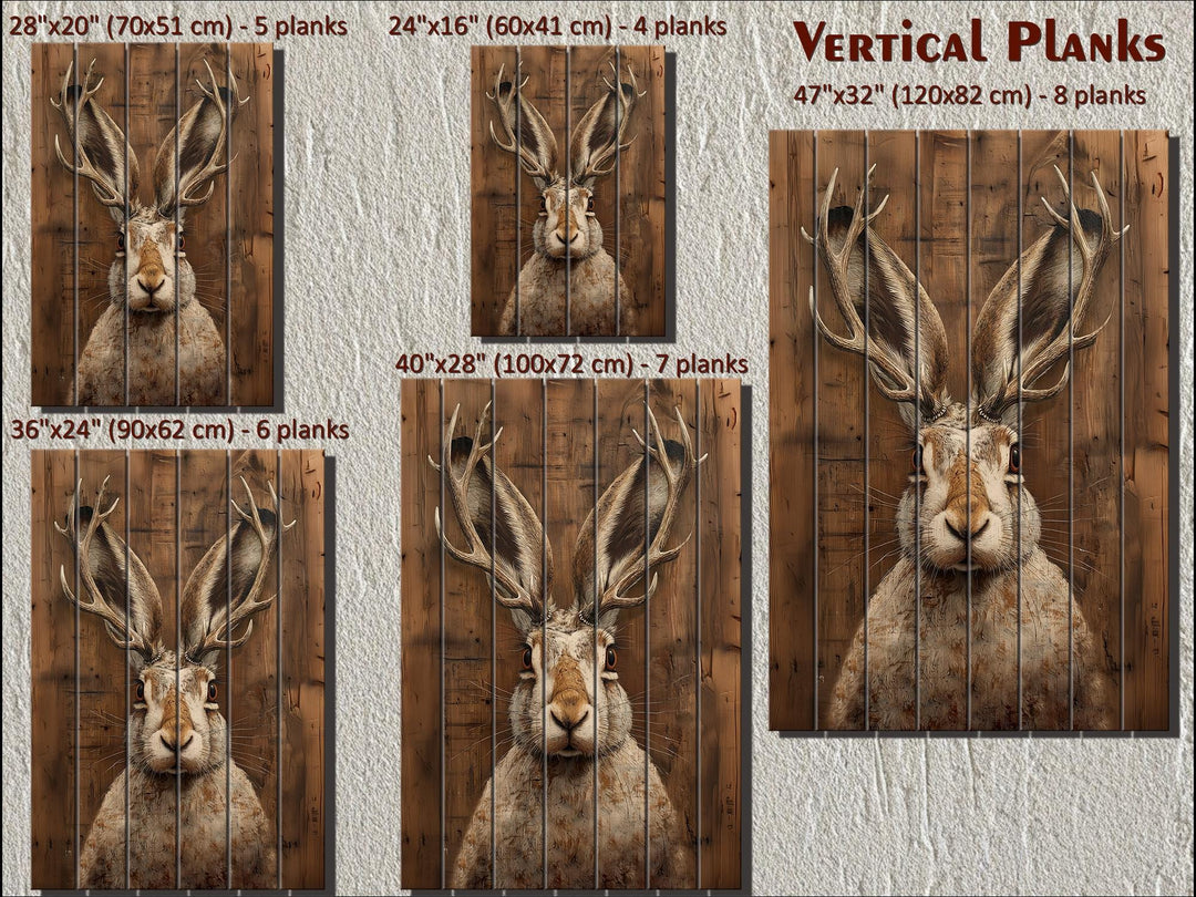 Rustic jackalope portrait printed on vertical wood planks in various sizes for cabin decor.
