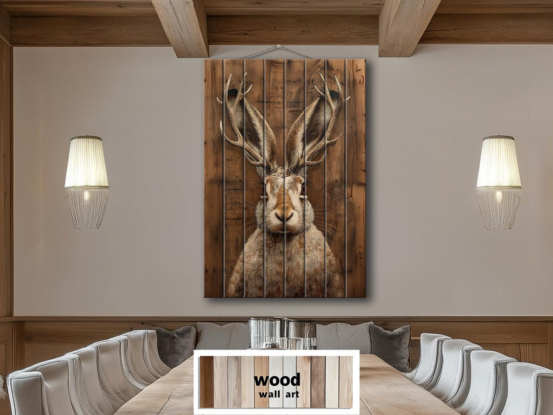 Vertical wood wall art featuring a jackalope portrait on rustic planks in a cabin setting.