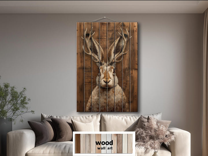 Vertical wood wall art featuring a rustic jackalope portrait on natural planks.