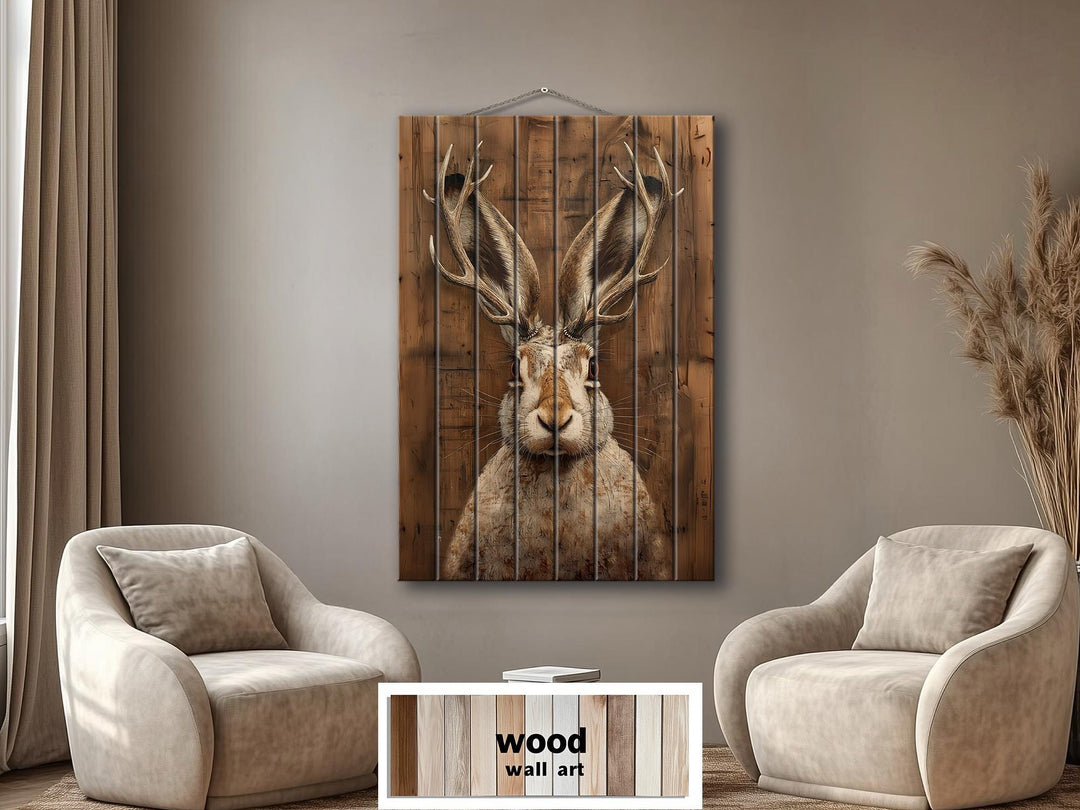 Vertical wood wall art featuring a realistic jackalope portrait on rustic timber planks.