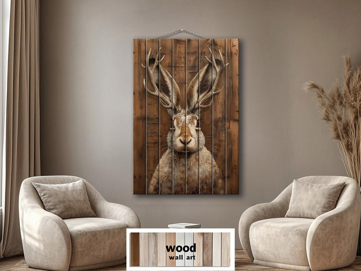 Vertical wood wall art featuring a realistic jackalope portrait on rustic timber planks.