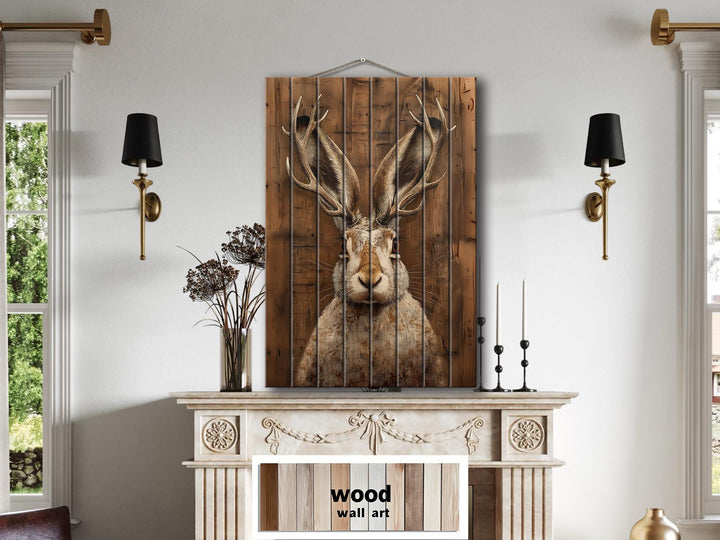 Vertical wood wall art featuring a jackalope portrait above a fireplace mantel.