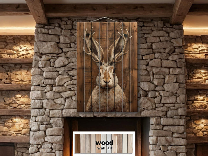Vertical wood wall art featuring a jackalope portrait on rustic planks over a stone fireplace.