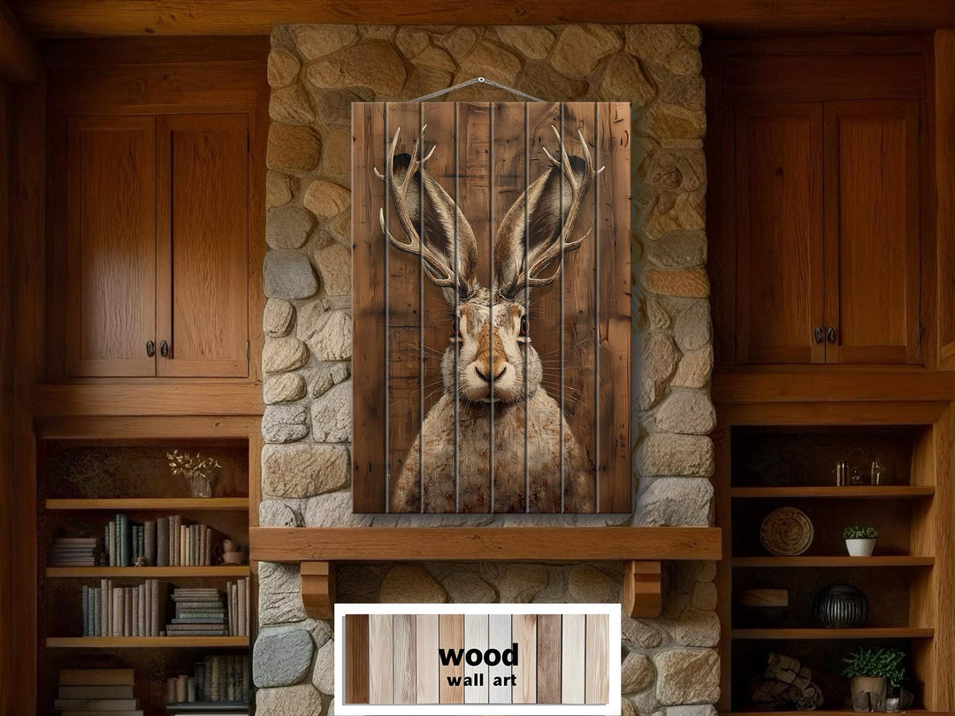 Vertical wood wall art featuring a realistic jackalope portrait on a rustic stone fireplace.