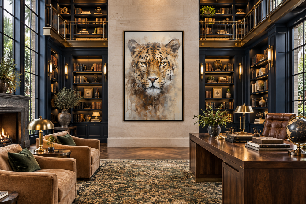 Jaguar Framed Canvas Wall Art featuring a golden abstract jaguar portrait in a home office.