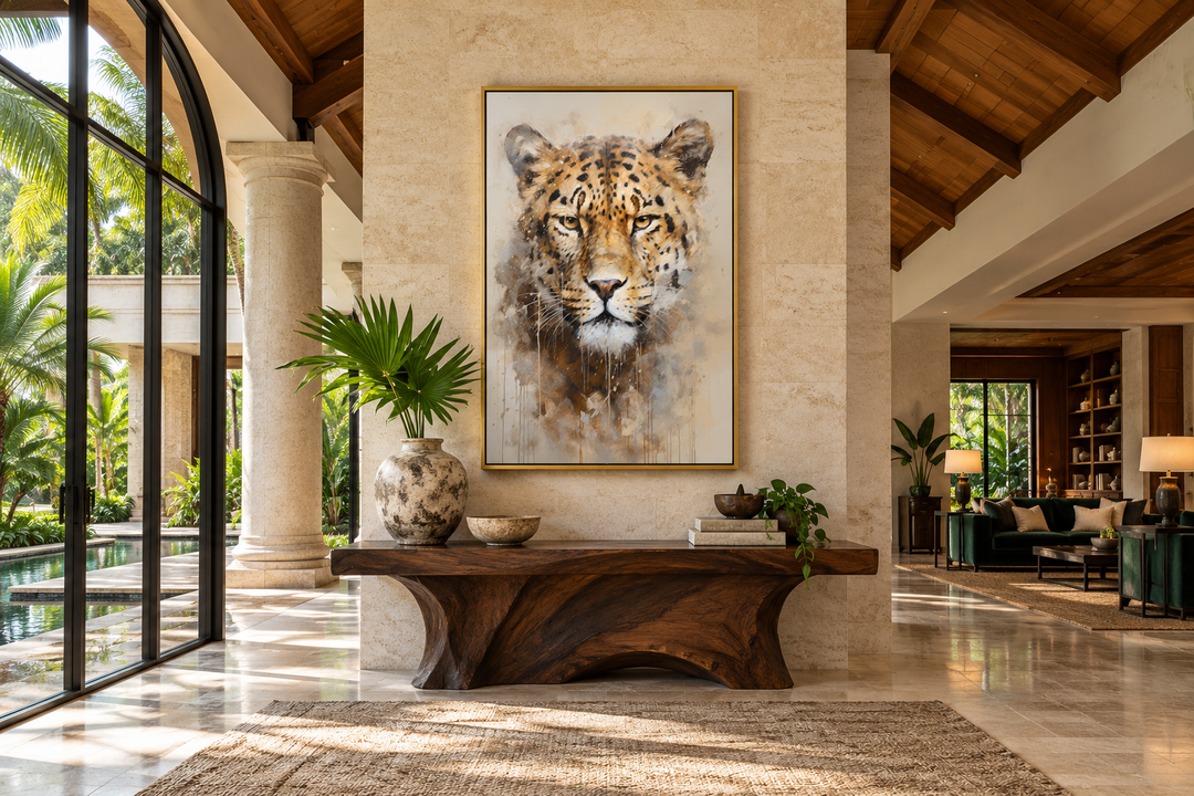 Jaguar Framed Canvas Wall Art featuring a golden abstract jaguar portrait in a tropical foyer.
