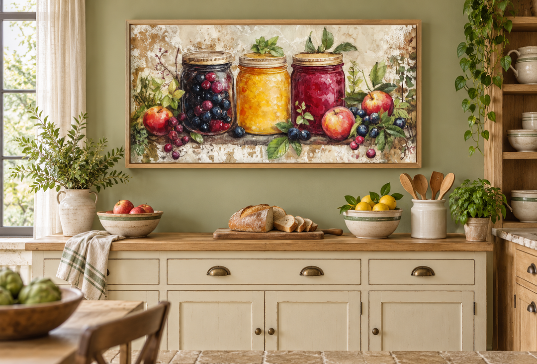 Framed canvas print of three mason jars with fruit preserves on a rustic kitchen sideboard.