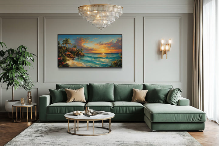Jamaican Sunset Beach Framed Canvas Wall Art hanging above a green sofa in a modern living room.