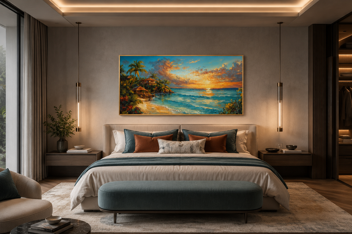 Jamaican Sunset Beach Framed Canvas Wall Art hanging above a bed in a modern bedroom.
